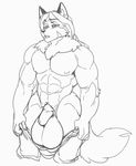  animal_genitalia animated anthro balls big_balls biting_lip canine clenching clothed clothing daigo daigo_(character) greyscale huge_balls hyper hyper_balls looking_down male mammal monochrome muscular nipples pants_down partially_clothed pubes sheath solo 