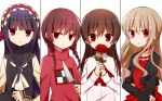  alice_mare black_hair blonde_hair braid breasts brown_hair choker commentary_request covering_mouth cropped_jacket flower higyaku_no_noel ib ib_(ib) kitchen_knife knife long_hair looking_at_viewer madotsuki maid_headdress multiple_girls noel_cerquetti open_mouth pink_shirt red_eyes red_flower red_hair red_rose rose shirt small_breasts stella_northrop sweater tokiha_(haruka951116) twin_braids twintails upper_body white_background yume_nikki 