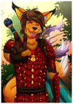  anthro armor canine clothing cosplay cosplaying fox gaming guild_wars guildwars2 hair invalid_color male mammal peace_(disambiguation) peace_sign_(disambiguation) simple_background solo thebadnewsbear tongue tongue_out video_games 