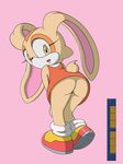  anthro bent_over bottomless butt clothed clothing cream_the_rabbit cub dress eyelashes female fur lagomorph legwear logo long_ears looking_at_viewer mammal multicolored_fur open_mouth pink_background rabbit short_tail simple_background sneakers socks solo sonic_(series) tan_fur two_tone_fur white_fur young zerotoons 