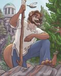  2016 4_toes anthro barefoot beard blue_eyes brown_fur brown_hair brown_pawpads chewycuticle claws clothed clothing eyebrows eyewear facial_hair fur glasses hair male mammal mustache mustelid otter outside pawpads sergeant_(character) solo toes tree walking_stick 