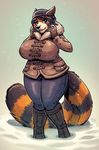  anthro beanie big_breasts black_nose blue_eyes blue_hair boots breasts brown_hair clothed clothing eyebrows eyelashes female footwear fully_clothed gloves hair hat huge_breasts mammal mia_(talash) multicolored_hair neozcommish red_panda snow solo thick_thighs two_tone_hair wide_hips 