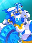  android blue_background blue_eyes boots commentary_request gloves head_rest helmet highres knees_together_feet_apart leviathan_(rockman) light_smile omeehayo on_shoulder robot rockman rockman_zero simple_background thigh_boots thighhighs white_gloves yellow_eyes 