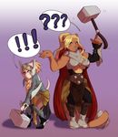  ! 5_fingers ? anthro armor blonde_hair blue_eyes braided_hair breasts canine cat charmrage clothed clothing dog duo feline female hair hammer mammal mjolnir purple_background simple_background thor tools warhammer 