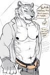  2017 abs anthro bulge clothed clothing digital_media_(artwork) feline fur koorivlf looking_at_viewer male mammal muscular muscular_male navel nipples open_mouth open_shirt pants shirt smile solo standing text tiger underwear white_fur 