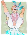 anthro anus avian balls bird blush butt clothed clothing crossdressing eyewear glasses humanoid_penis lying male megumigoo on_back penis presenting presenting_hindquarters solo thick_thighs 