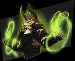  action_pose anthro blackchaos666 charr claws clothing fangs feline female flat_chested fur green_eyes guild_wars horn magic mammal mane multi_ear simple_background skull solo video_games 