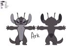  2016 3_toes 4_fingers alien antennae ark_(solosandwich) back_markings black_eyes black_fur chest_tuft countershading digital_drawing_(artwork) digital_media_(artwork) disney ear_piercing experiment_(species) fan_character front_view fur grey_countershading grey_nose head_tuft hi_res lilo_and_stitch markings model_sheet piercing rear_view simple_background solosandwich toes tuft white_background 