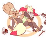  2017 4_fingers animated anthro big_ears black_sclera blush bra braixen breasts brown_fur cleavage clothed clothing diives dipstick_tail duo eyebrows eyelashes eyewear female fight fluffy fluffy_tail footwear freckles fur glasses half-closed_eyes hand_on_leg inner_ear_fluff invalid_tag laugh legwear lopunny multicolored_fur multicolored_tail navel nintendo one_leg_up open_mouth panties panting pok&eacute;mon red_eyes red_fur shoes simple_background spread_legs spreading stick tongue tongue_out underwear video_games white_fur wrestling yellow_fur 