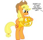  applejack_(mlp) blonde_hair cutie_mark dialogue earth_pony english_text equine female feral freckles french_horn friendship_is_magic fur green_eyes hair hat horse mammal musical_instrument my_little_pony pony simple_background solo supermatt314_(artist) text 