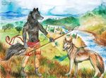  anthro canine day feral fuzzymaro hill landscape mammal outside river traditional_media_(artwork) tree watercolor_(artwork) wolf 