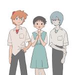  1girl 2boys ayanami_rei black_eyes black_hair blue_eyes blue_hair dress expressionless genderswap genderswap_(ftm) genderswap_(mtf) highres ikari_shinji multiple_boys neon_genesis_evangelion orange_hair pinafore_dress pixie_cut red_eyes school_uniform short_hair simple_background soryu_asuka_langley white_background 