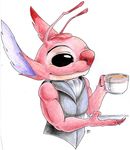  2015 alien beverage biceps black_eyes claws cup disney experiment_(species) formal fur head_tuft hi_res holding_cup holding_object leroy_(lilo_and_stitch) lilo_and_stitch midnighthuntingwolf red_claws red_fur red_nose saucer signature simple_background smile tea tea_cup traditional_media_(artwork) tuft waistcoat white_background 