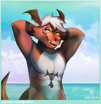  2017 anthro beach digimon dragon fan_character fanmon gamibri guilmon hair invalid_tag lizard looking_at_viewer male muscular reptile scalie seaside silver_hair simple_background smile sol_(character) sol_the_guilmon solo vee4eva water 