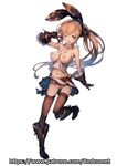  ;d artist_name bare_shoulders between_breasts black_footwear black_gloves black_legwear blush boots breasts brown_hair clarisse_(granblue_fantasy) eyebrows_visible_through_hair full_body gloves granblue_fantasy green_eyes groin hair_ribbon leg_up long_hair looking_at_viewer medium_breasts navel nipples no_panties one_eye_closed open_mouth patreon_username ponytail redcomet ribbon shirt simple_background skirt smile solo standing standing_on_one_leg thighhighs v very_long_hair watermark web_address white_background 