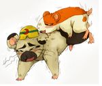  all_fours anal balls blush boss_(hamtaro) cheeselegs_(artist) clothed clothing eyes_closed feral hamster hamtaro hamtaro_(series) hat male male/male mammal open_mouth partially_clothed penis rodent shaking simple_background 