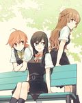  ahoge arm_support bench black_hair blue_eyes brown_eyes brown_hair crossed_arms dress from_side green_eyes koito_yuu long_hair multiple_girls nakatani_nio nanami_touko open_mouth pinafore_dress saeki_sayaka school_uniform short_hair sitting sitting_on_bench smile yagate_kimi_ni_naru 