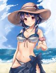  beach bikini blush breasts cloud cloudy_sky day front-tie_bikini front-tie_top hair_ornament haregama_shiina hat highres kantai_collection large_breasts long_hair looking_at_viewer mismatched_bikini navel ocean outdoors purple_hair red_eyes sarong sky smile solo sun_hat swimsuit taigei_(kantai_collection) twitter_username whale_hair_ornament 