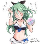  bikini blush brain_freeze breasts cleavage closed_eyes collarbone commentary_request dated food giraffe_(ilconte) green_hair hair_between_eyes ice_cream kantai_collection long_hair medium_breasts simple_background solo spoon_in_mouth swimsuit translated twitter_username white_background yamakaze_(kantai_collection) 
