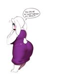  anthro barefoot big_breasts big_butt blush boss_monster breasts butt caprine clothing dialogue dress embarrassed english_text flying_sweatdrops fur goat horn long_ears looking_back mammal open_mouth purple_eyes simple_background solo speech_bubble sweat sweatdrop text toriel tsudanym undertale underwear_outline video_games white_background white_fur 
