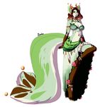  anthro big_tail bourbon._(artist) breasts brown_hair cervine clothed clothing female fluffy fluffy_tail fur green_fur hair huge_tail hybrid looking_at_viewer mammal simple_background solo standing white_background 