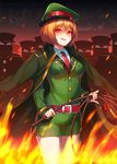  :p alice_margatroid ass bangs belt blonde_hair blush breast_pocket breasts closed_mouth collared_shirt commentary_request cookie_(touhou) cowboy_shot eyebrows_visible_through_hair fire flame green_skirt hair_between_eyes hat highres hinase_(cookie) holding holding_whip jacket_on_shoulders lips long_sleeves looking_at_viewer medium_breasts necktie peaked_cap pencil_skirt pocket red_eyes red_neckwear shirt short_hair skirt tarmo tongue tongue_out touhou whip white_shirt 