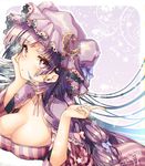  artist_name bangs blue_bow bow breasts capelet cleavage crescent dress eyelashes hair_bow hat index_finger_raised large_breasts long_hair looking_at_viewer mob_cap mokokiyo_(asaddr) patchouli_knowledge purple_eyes purple_hair purple_hat red_bow solo star striped striped_dress touhou upper_body 
