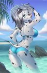  2017 anthro bikini blue_eyes bra breasts butt canine clothing dalmatian dog eyebrows eyelashes female grey_hair hair kara_resch leaves looking_at_viewer mammal multicolored_hair partially_submerged pink_nose rock sea solo spots swimsuit two_tone_hair underwear water white_hair yulliandress 