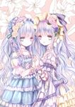  arm_ribbon bangs blue_eyes blue_hair bonnet choker collarbone commentary_request cover cover_page doujin_cover dress flower frilled_dress frilled_skirt frills hair_flower hair_ornament hair_ribbon hairband heterochromia himemurasaki holding_hands jewelry lily_(flower) lolita_fashion lolita_hairband long_hair looking_at_another looking_at_viewer multicolored_hair multiple_girls necklace original pinky_ring purple_eyes purple_hair ribbon skirt smile wristband 