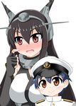  1girl arm_guards black_hair blue_hair blush breasts collar commentary_request elbow_gloves epaulettes finger_to_cheek fingerless_gloves gloves hair_between_eyes hat headgear height_difference highres kantai_collection large_breasts little_boy_admiral_(kantai_collection) long_hair looking_at_viewer military military_hat military_uniform nagato_(kantai_collection) nose_blush peaked_cap red_eyes sidelocks sleeveless smile uniform upper_body white_background yamato_nadeshiko 