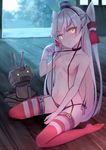  amatsukaze_(kantai_collection) bikini breasts garter_straps gloves glowing glowing_eyes highres kantai_collection kure_(kure_ng) long_hair nipples rensouhou-kun side-tie_bikini silver_hair single_glove sitting small_breasts swimsuit thighhighs topless two_side_up 