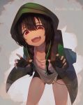  1girl anoshiras_ii backpack bag bangs bent_over bike_shorts black_hair black_shorts braid breasts character_name coat dark_skin downblouse earphones fingerless_gloves gloves green_coat hair_between_eyes highres hood hood_up leaning_forward long_hair looking_at_viewer munuu no_bra open_clothes open_coat open_mouth red_eyes shorts small_breasts smile solo ssss.gridman twin_braids 