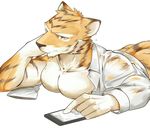  anthro bottomless butt cellphone chung0_0 clothed clothing colored feline male mammal muscular open_shirt orange_eyes pecs phone simple_background solo tiger wet_clothing white_background 