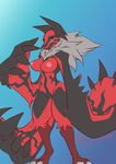  2017 anthro areola avian bearbox_doodletimes blue_eyes blush breasts claws digital_media_(artwork) female hair horn legendary_pok&eacute;mon looking_at_viewer navel nintendo nipples nude pok&eacute;mon simple_background solo video_games wings yveltal 