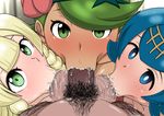  1boy 3girls :&gt;= blonde_hair blue_eyes blue_hair blush censored fellatio green_eyes green_hair group_sex lillie_(pokemon) looking_at_viewer mao_(pokemon) mosaic_censoring multiple_girls oral penis pink.s pointless_censoring pokemon pokemon_(game) pokemon_sm pov pubic_hair saliva sex sharing suiren_(pokemon) testicles 