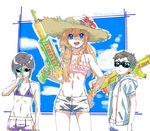  :d alternate_hairstyle atsushi_toushirou bikini_top black_hair blonde_hair blue_eyes flower hat hat_flower hood hoodie long_hair low_twintails male_focus midare_toushirou multiple_boys open_mouth otoko_no_ko overexposure shorts shuri_(84k) smile straw_hat sunglasses touken_ranbu twintails twitter_username v-shaped_eyebrows water_gun yagen_toushirou 