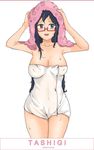 :d absurdres bare_arms bare_shoulders blue_eyes blue_hair blush breasts breasts_apart character_name collarbone copyright_name covered_nipples cowboy_shot dkflkkldf eyelashes fingernails glasses hands_on_own_head hands_up highres long_fingernails long_hair medium_breasts naked_towel one_piece open_mouth red-framed_eyewear semi-rimless_eyewear simple_background smile solo standing tashigi tongue towel towel_on_head under-rim_eyewear upper_teeth wet white_background white_towel 
