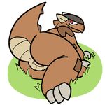  3_toes alpha_channel anus beige_body brown_body closed_smile detailed_background digital_media_(artwork) fangs female feral grass kangaskhan looking_at_viewer nintendo pok&eacute;mon pussy raised_tail rear_view red_eyes rock semi-anthro solo toes trout_(artist) video_games 