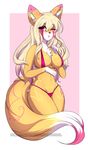  anthro big_breasts big_tail bikini biped breasts canine chest_tuft clothed clothing cream_hair dipstick_tail eyebrows eyelashes female fox fur gloves_(marking) hair inner_ear_fluff justsyl long_hair mammal markings multicolored_tail nipple_bulge one_eye_closed open_mouth orange_fur panties pink_eyes pink_spots raised_eyebrows simple_background solo spots swimsuit tuft underwear white_spots wide_hips 