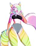  anthro blue_eyes bourbon._(artist) breasts camel_toe canine clothed clothing eyebrows eyelashes eyeshadow female fluffy fluffy_tail fur hair makeup mammal multicolored_fur multicolored_hair navel rainbow_fur simple_background smile solo spots standing stripes white_background 
