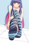  1girl absurdres aqua_eyes blush breasts censored collarbone feet female hair_over_breasts large_breasts legs_crossed long_hair looking_at_viewer multicolored_hair nude on_ground panty_&amp;_stocking_with_garterbelt pink_hair pov_feet purple_hair sideboob sitting sole solo stocking_(psg) thighhighs toes tomoka 