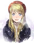  :d blonde_hair blue_eyes breath coat cold eyebrows_visible_through_hair fullmetal_alchemist hat long_hair looking_at_viewer open_mouth riru simple_background smile snow snowflakes solo white_background winry_rockbell winter_clothes 