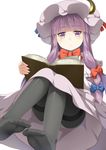  bangs black_legwear blue_bow blunt_bangs bow bowtie capelet crescent crescent_hair_ornament dress hair_bow hair_ornament hat kamata_yuuya long_hair looking_at_viewer mob_cap pantyhose patchouli_knowledge purple_dress purple_eyes purple_hair red_bow red_neckwear simple_background solo thighband_pantyhose touhou white_background 