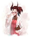  adjusting_eyewear alternate_costume bespectacled black-framed_eyewear black_hair bodysuit breast_pocket breasts chromatic_aberration clipboard dark_persona demon_horns devil_mercy facial_mark fang forehead_mark glasses hei_chuan_gui highres holding holding_clipboard horns labcoat long_sleeves looking_at_viewer mercy_(overwatch) no_wings open_mouth overwatch pen pocket ponytail red_bodysuit semi-rimless_eyewear simple_background sketch slit_pupils small_breasts smile solo under-rim_eyewear upper_body white_background 
