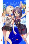  :d bare_shoulders blonde_hair blue_sky bracelet brown_eyes cloud collarbone day eyepatch fang flat_chest hair_over_one_eye hayasaka_mirei heart heart_eyepatch idolmaster idolmaster_cinderella_girls jewelry kouda_hayato_(e-gis) locked_arms looking_at_viewer miniskirt multicolored_hair multiple_girls open_mouth petals pleated_skirt purple_hair red_hair shirasaka_koume shirt short_hair shorts skirt sky sleeveless sleeveless_shirt smile spiked_bracelet spikes streaked_hair two-tone_hair v-shaped_eyebrows water_gun yellow_eyes 