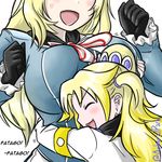  admiral_paru anger_vein atago_(kantai_collection) black_gloves black_scarf blonde_hair breast_press breasts closed_eyes english gloves hair_tie head_out_of_frame height_difference high_ponytail hug kantai_collection large_breasts little_girl_admiral_(kantai_collection) minty_mackenzie multiple_girls open_mouth scarf side_ponytail smile twitter_username uniform 