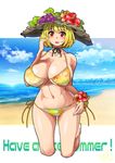  aki_minoriko alternate_headwear bangs barefoot beach bikini blonde_hair blush bob_cut breasts choker cloud corsage curvy day english flower food fruit fruit_hat full_body grapes groin hand_up hat hat_flower hibiscus highres huge_breasts kneeling looking_at_viewer ocean open_mouth outside_border red_eyes ribbon_choker shiny shiny_skin short_hair side-tie_bikini signature smile solo strap_gap straw_hat string_bikini sun_hat sweat swimsuit text_focus touhou umigarasu_(kitsune1963) wide_hips 