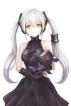  bare_shoulders black_gloves blush breasts closed_mouth collarbone destroyer_(girls_frontline) dinergate_(girls_frontline) elbow_gloves eyebrows_visible_through_hair girls_frontline gloves highres large_breasts long_hair looking_at_viewer lunacle sangvis_ferri smile solo twintails upper_body white_hair yellow_eyes 