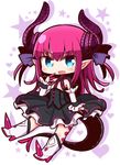  blue_eyes blush boots chibi dragon_tail elizabeth_bathory_(fate) elizabeth_bathory_(fate)_(all) eyebrows_visible_through_hair fate/grand_order fate_(series) high_heel_boots high_heels horns knee_boots long_hair looking_at_viewer naga_u parted_lips pink_hair pointy_ears smile solo tail white_footwear 