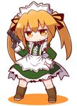  blush boots brown_footwear chibi closed_mouth collar eyebrows_visible_through_hair full_body gun handgun holding holding_gun holding_weapon knee_boots long_hair long_sleeves looking_at_viewer maid maid_cap naga_u orange_eyes orange_hair original pistol smile solo twintails weapon 